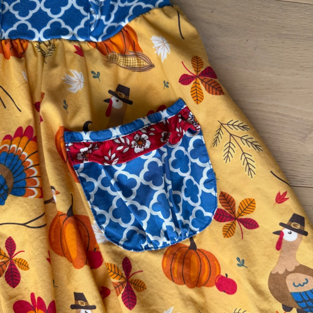 Eleanor Rose Girls Thanksgiving Turkey Pumpkin Ruffle Dress Blue Yellow Red Sz 8 - Picture 4 of 6